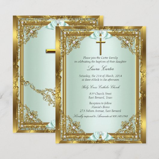 Invitation Mint Gold Pearl Damask Cross Baptism Christening 3 (Devant / Derrière)