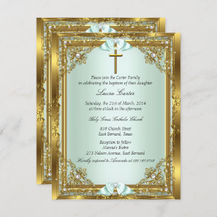 Invitation Mint Gold Pearl Damask Cross Baptism Christening 3