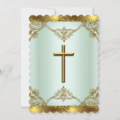 Invitation Mint Gold Pearl Damask Cross Baptism Christening 3 (Dos)