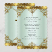 Invitation Mint Gold Pearl Damask Cross Baptism Christening 3 (Devant / Derrière)