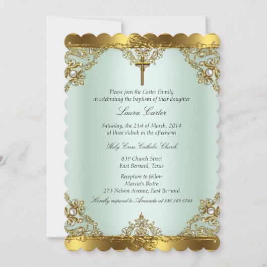 Invitation Mint Gold Pearl Damask Cross Baptism Christening 3 (Devant)