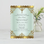 Invitation Mint Gold Pearl Damask Cross Baptism Christening 3 (Debout devant)