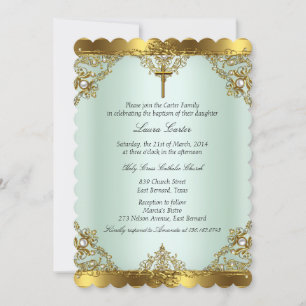 Invitation Mint Gold Pearl Damask Cross Baptism Christening 3