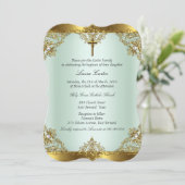 Invitation Mint Gold Pearl Damask Cross Baptism Christening 3 (Debout devant)