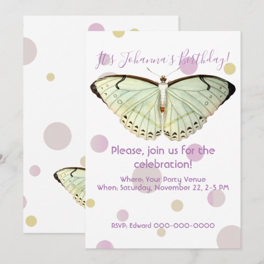 Invitation Mint Green Beauté Papillon Anniversaire (Devant / Derrière)