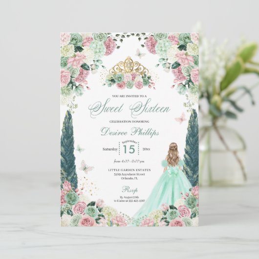Invitation Mint Green & Blush Enchanted Garden Sweet sixteen (Debout devant)