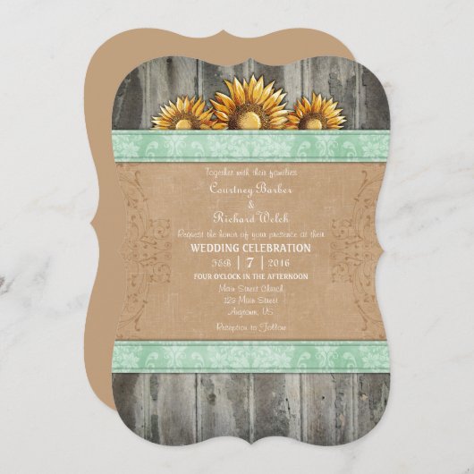 Invitation Mint Green Brown Rustic Tournesol Mariage Invitati (Devant / Derrière)