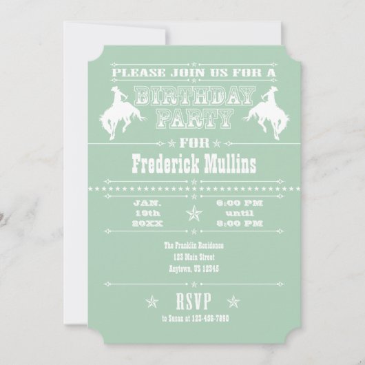 Invitation Mint Green Cowboy Rodeo Anniversaire Fête Invitati (Devant)