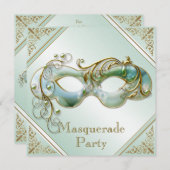 Invitation Mint Green de masquerade de masques Gold Flourds (Devant / Derrière)