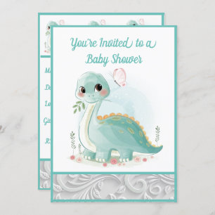 Invitation Mint Green Eau Bébé Dinosaure Douche