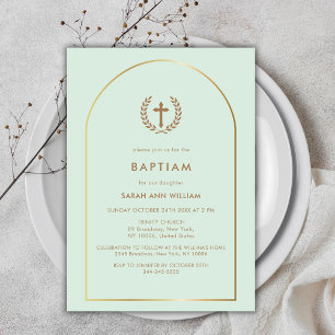 Invitation Mint Green Elegant Gold Arch Wreath Cross Baptisme
