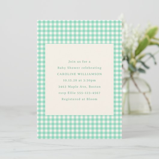 Invitation Mint Green En vichy Plaid Joli Baby shower d'été (Debout devant)