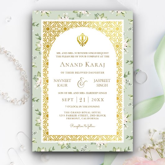 Invitation Mint Green Floral Anand Karaj Punjabi Sikh Mariage