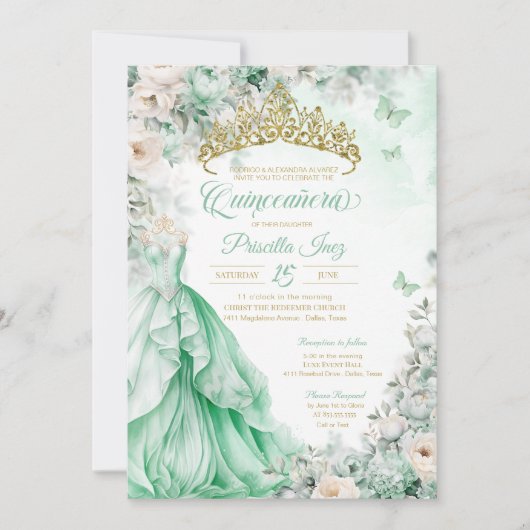Invitation Mint Green Gold Butterfly Princess Quinceañera (Devant)