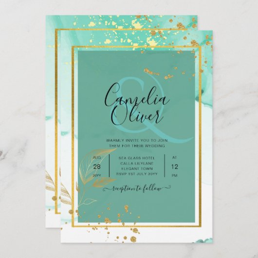 Invitation Mint Green Gold MARIAGE Encre d'alcool Abstraite (Devant / Derrière)