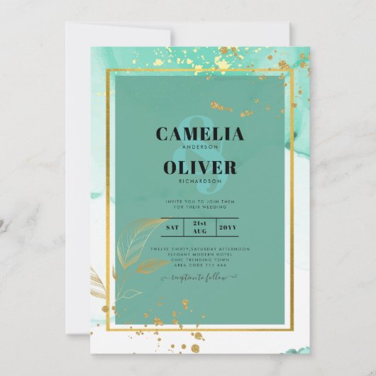 Invitation Mint Green Gold MARIAGE Encre d'alcool Abstraite (Devant)