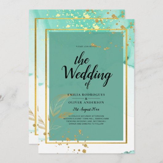 Invitation Mint Green Gold MARIAGE Encre d'alcool Abstraite (Devant / Derrière)