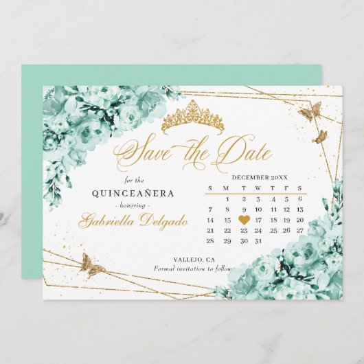Invitation Mint Green & Gold Quinceañera Enregistrer La Date (Devant / Derrière)
