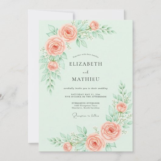 Invitation Mint Green Graceful Rose Wedding (Devant)