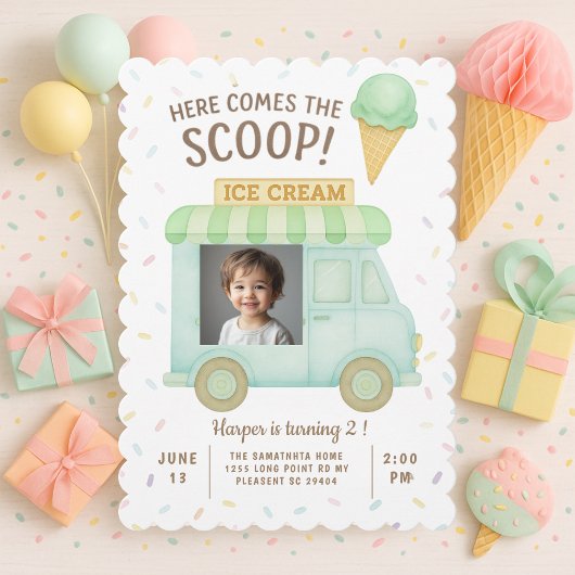 Invitation Mint Green Ice Cream Truck Photo Birthday