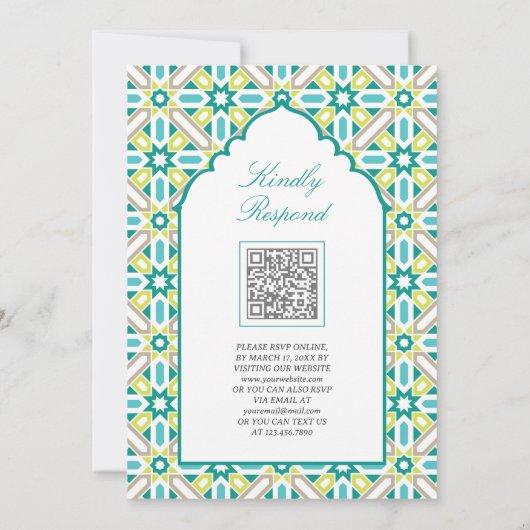 Invitation Mint Green Mosaic Perse QR Code Musulman Mariage (Dos)