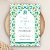 Invitation Mint Green Mosaic Perse QR Code Musulman Mariage