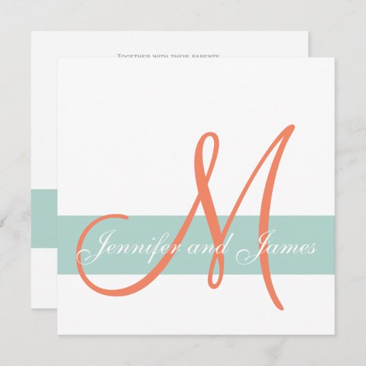 Invitation Mint Green Orange Monogramme Noms Mariage simple (Devant / Derrière)