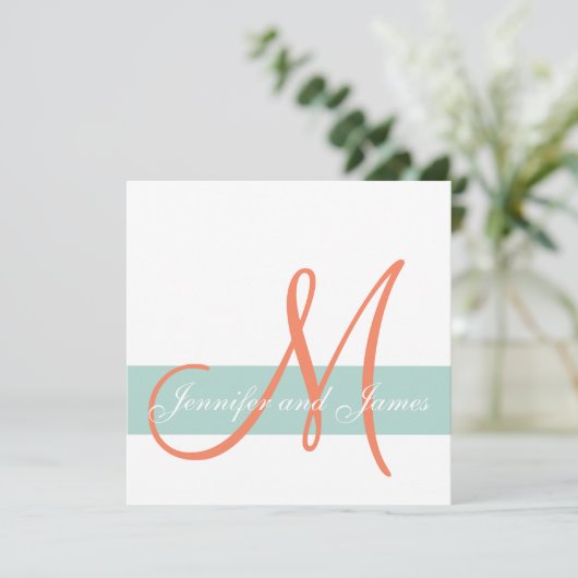 Invitation Mint Green Orange Monogramme Noms Mariage simple (Debout devant)
