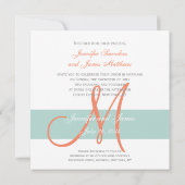 Invitation Mint Green Orange Monogramme Noms Mariage simple (Dos)