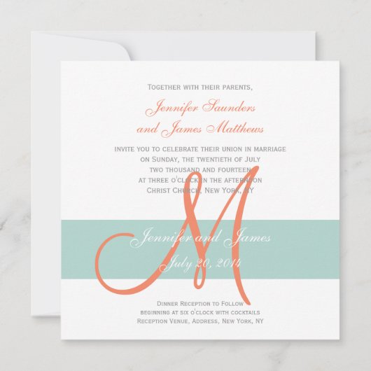 Invitation Mint Green Orange Monogramme Noms Mariage simple (Dos)