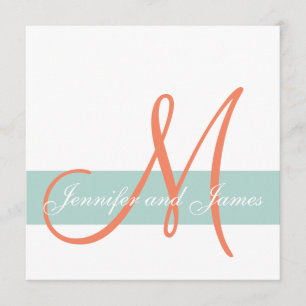 Invitation Mint Green Orange Monogramme Noms Mariage simple