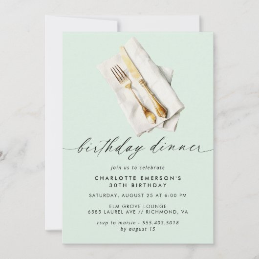 Invitation Mint Green Pastel | Dîner d'anniversaire simple et (Devant)