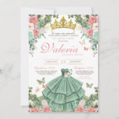 Invitation Mint Green Pink Gold Élégante Princesse Quinceaner (Devant)