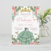 Invitation Mint Green Pink Gold Élégante Princesse Quinceaner (Debout devant)