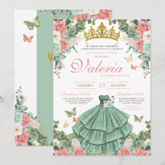 Invitation Mint Green Pink Gold Élégante Princesse Quinceaner (Devant / Derrière)