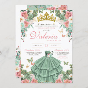 Invitation Mint Green Pink Gold Élégante Princesse Quinceaner