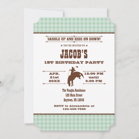 Invitation Mint Green Plaid Cowboy Rodeo Anniversaire Invitat (Devant)