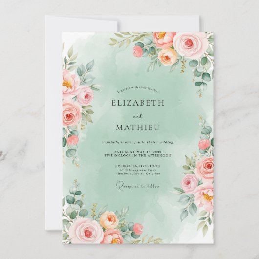 Invitation Mint Green Romantic Floral Wedding (Devant)
