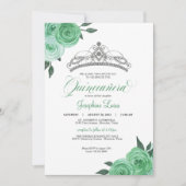 Invitation Mint Green Roses Argent Tiara Quinceañera Annivers (Devant)