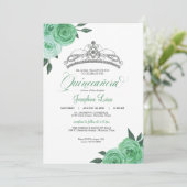 Invitation Mint Green Roses Argent Tiara Quinceañera Annivers (Debout devant)