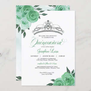 Invitation Mint Green Roses Argent Tiara Quinceañera Annivers