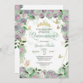 Invitation  Mint Green Roses Élégant papillon Quinceanera (Devant / Derrière)