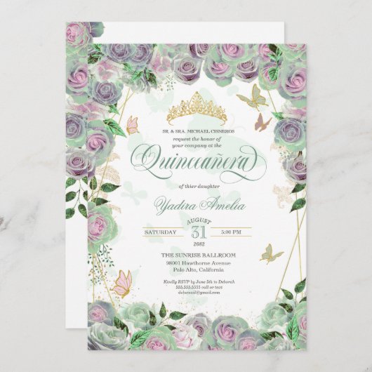 Invitation  Mint Green Roses Élégant papillon Quinceanera (Devant / Derrière)