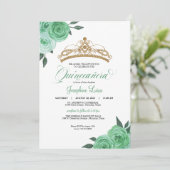 Invitation Mint Green Roses Golden Tiara Quinceañera Annivers (Debout devant)