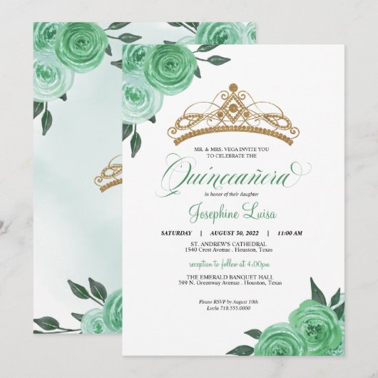 Invitation Mint Green Roses Golden Tiara Quinceañera Annivers (Devant / Derrière)