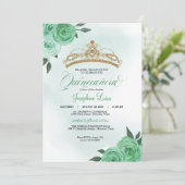 Invitation Mint Green Roses Golden Tiara Quinceañera Annivers (Debout devant)