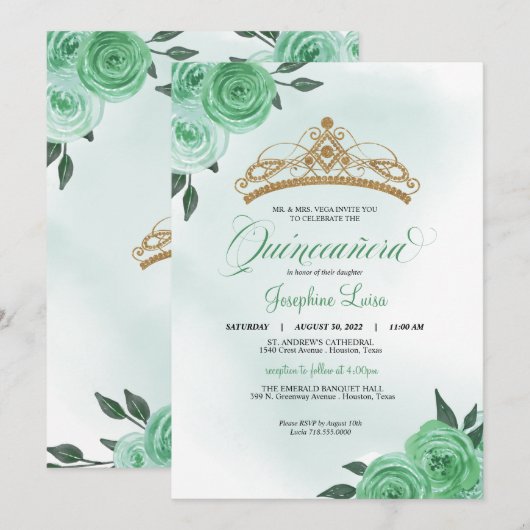 Invitation Mint Green Roses Golden Tiara Quinceañera Annivers (Devant / Derrière)