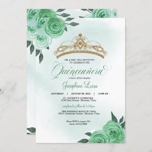 Invitation Mint Green Roses Golden Tiara Quinceañera Annivers