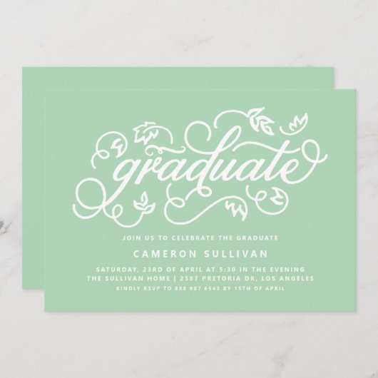 Invitation Mint Green Rustic Calligraphy Graduation Party (Devant / Derrière)