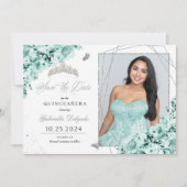 Invitation Mint Green Silver Quinceañera Enregistrer la date  (Devant)